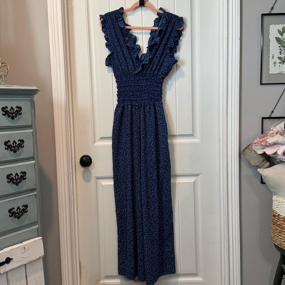 Max Studio Blue Ruffled Jumpsuit Size Med